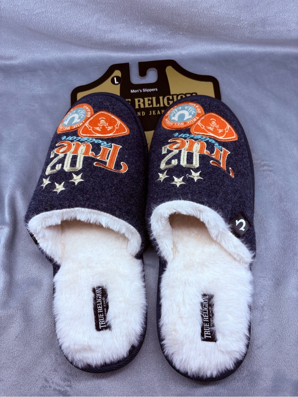 True Religion Men’s Navy Blue Slip-On Slippers with Orange Accents